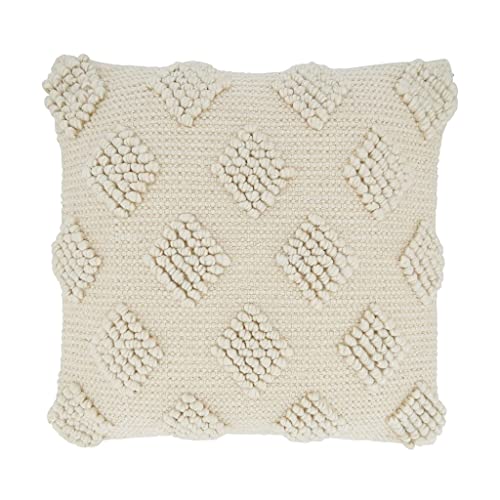 Pom Pom Diamond Decorative Throw Pillow Cover 18" W x 18" L - Ivory Square Cushion Case for Home, Couch, Bedroom, Living Room and Office Décor