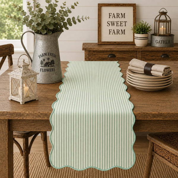 Scalloped Stripe Table Runner 16 X 72 Inch - Lined Farmhouse Decorative Table Cover for Kitchen, Dining Room, Holiday & Everyday Home Décor (Natural)