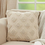 Pom Pom Diamond Decorative Throw Pillow Cover 18" W x 18" L - Ivory Square Cushion Case for Home, Couch, Bedroom, Living Room and Office Décor