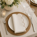 Natural Scalloped Stripe Cloth Napkins 20" x 20", Set of 4 - Modern Farmhouse Table Napkins for Everyday Dining, Parties & Holiday Entertaining