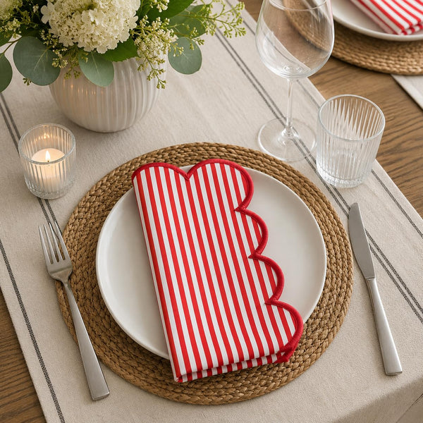 Natural Scalloped Stripe Cloth Napkins 20" x 20", Set of 4 - Modern Farmhouse Table Napkins for Everyday Dining, Parties & Holiday Entertaining