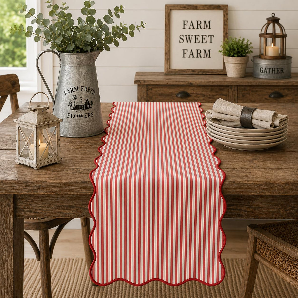 Scalloped Stripe Table Runner 16 X 72 Inch - Lined Farmhouse Decorative Table Cover for Kitchen, Dining Room, Holiday & Everyday Home Décor (Natural)