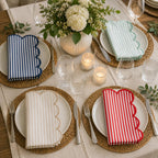 Natural Scalloped Stripe Cloth Napkins 20" x 20", Set of 4 - Modern Farmhouse Table Napkins for Everyday Dining, Parties & Holiday Entertaining