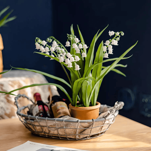 Faux Lily of the Valley in Brown Pot
