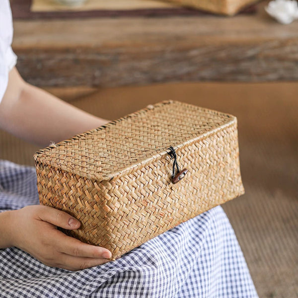 Rectangular Natural Straw Storage Basket with Lid