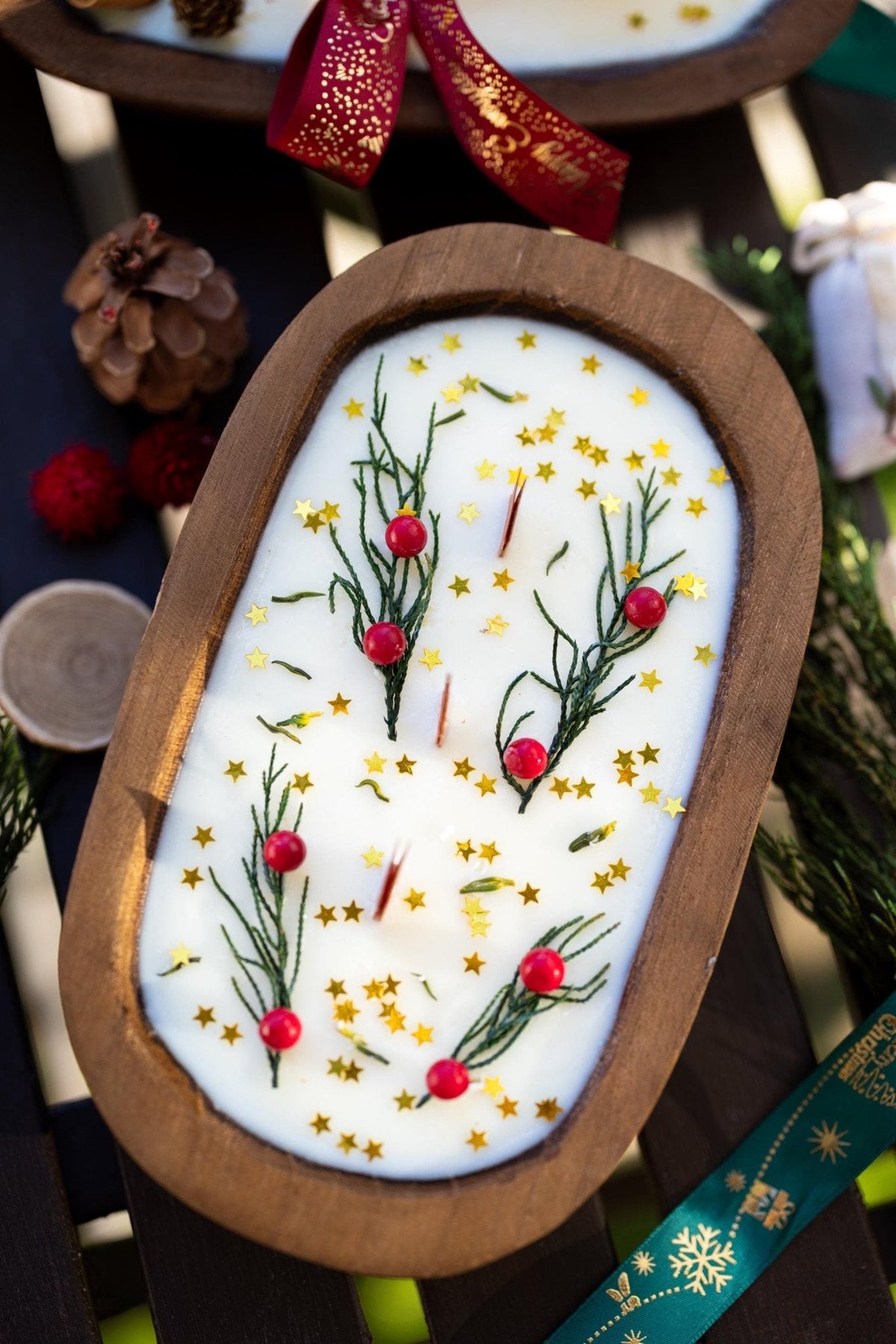 Festive Holiday Wood Dough Bowl Candle
