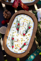 Festive Holiday Wood Dough Bowl Candle