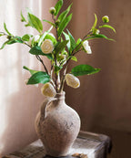 Faux Silk Camellia Flower Leaf Stem in Green or White